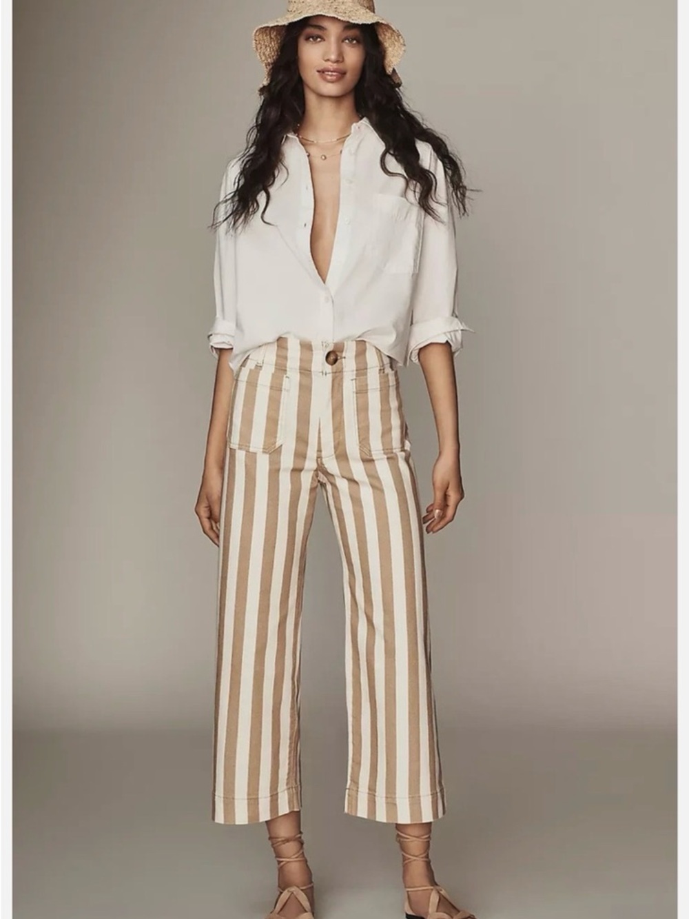 Maeve Beige and White Striped Wide-Leg Pants